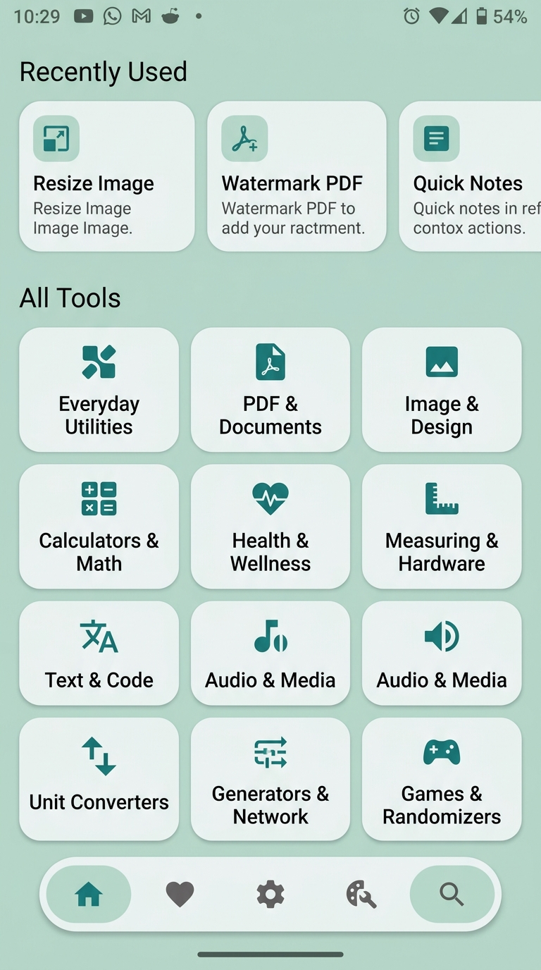 Toolive Android mobile application home screen displaying 11-category utility grid and recently used tools